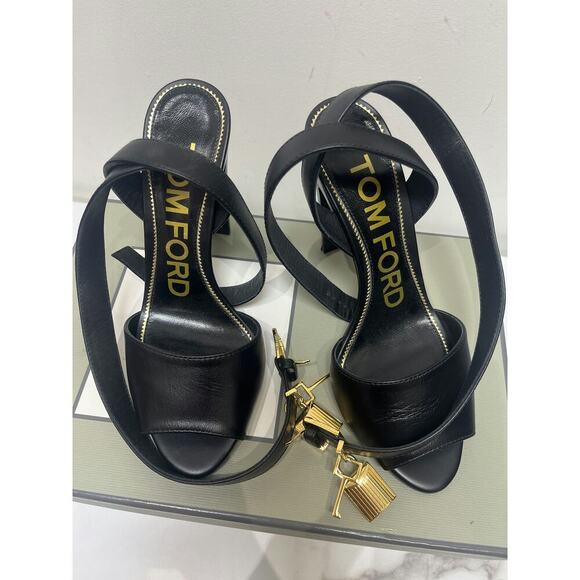 Tom Ford Shoes - Tom Ford Black Leather Sandal Heels with Gold Padlock - Size 36
